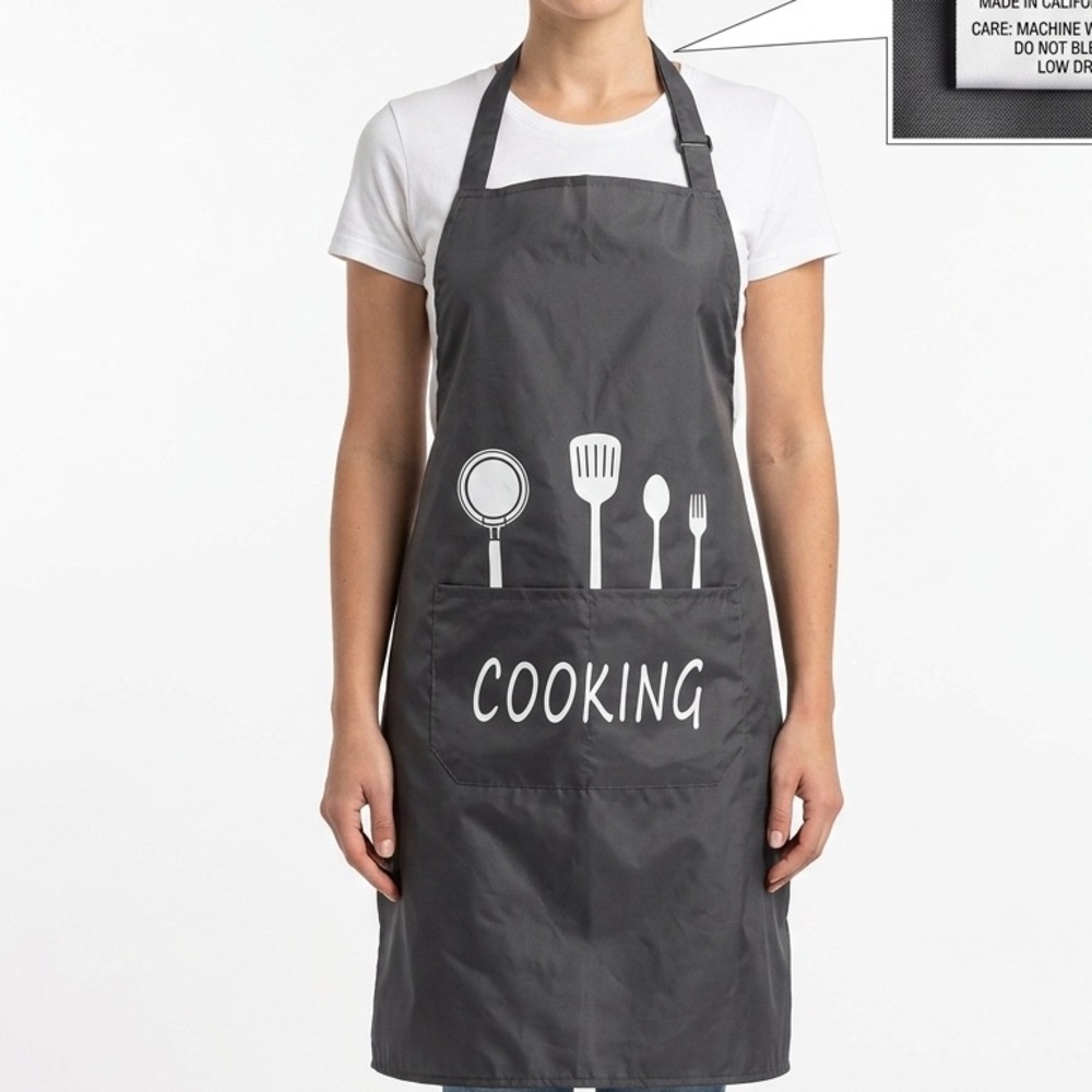 "COOKING" Graphic Bib Apron with Front Pocket & Utensil Print NWOT